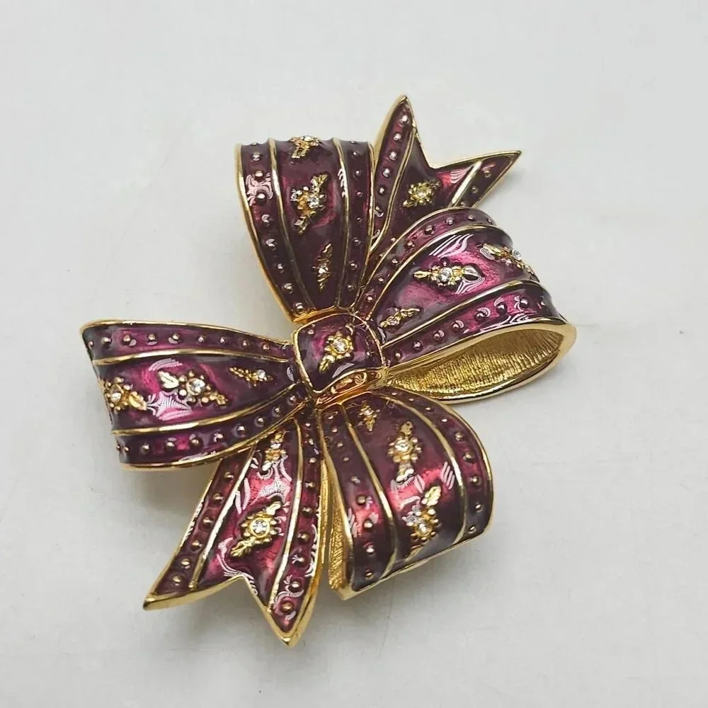 Joan Rivers Purple Enamel Large Clear Rhinestone Gold Tone Bow Brooch Pin